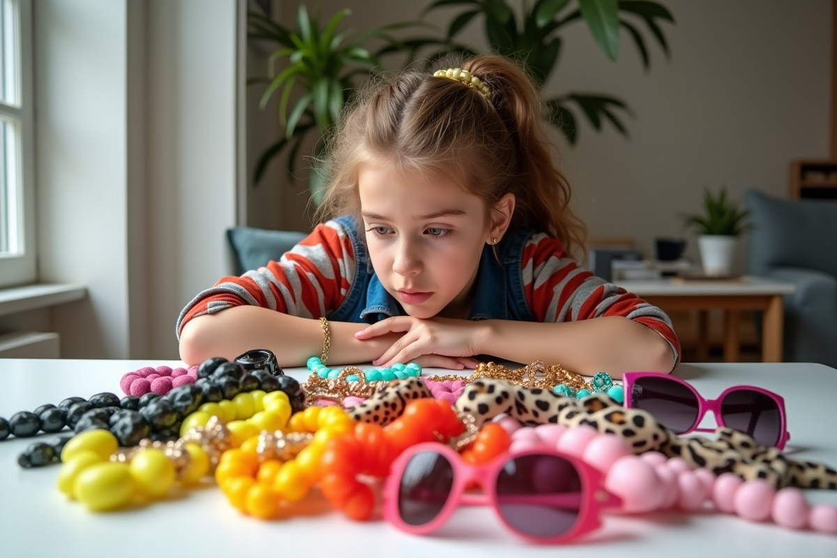 Jeune adulte regardant des accessoires de mode colorés et vintage
