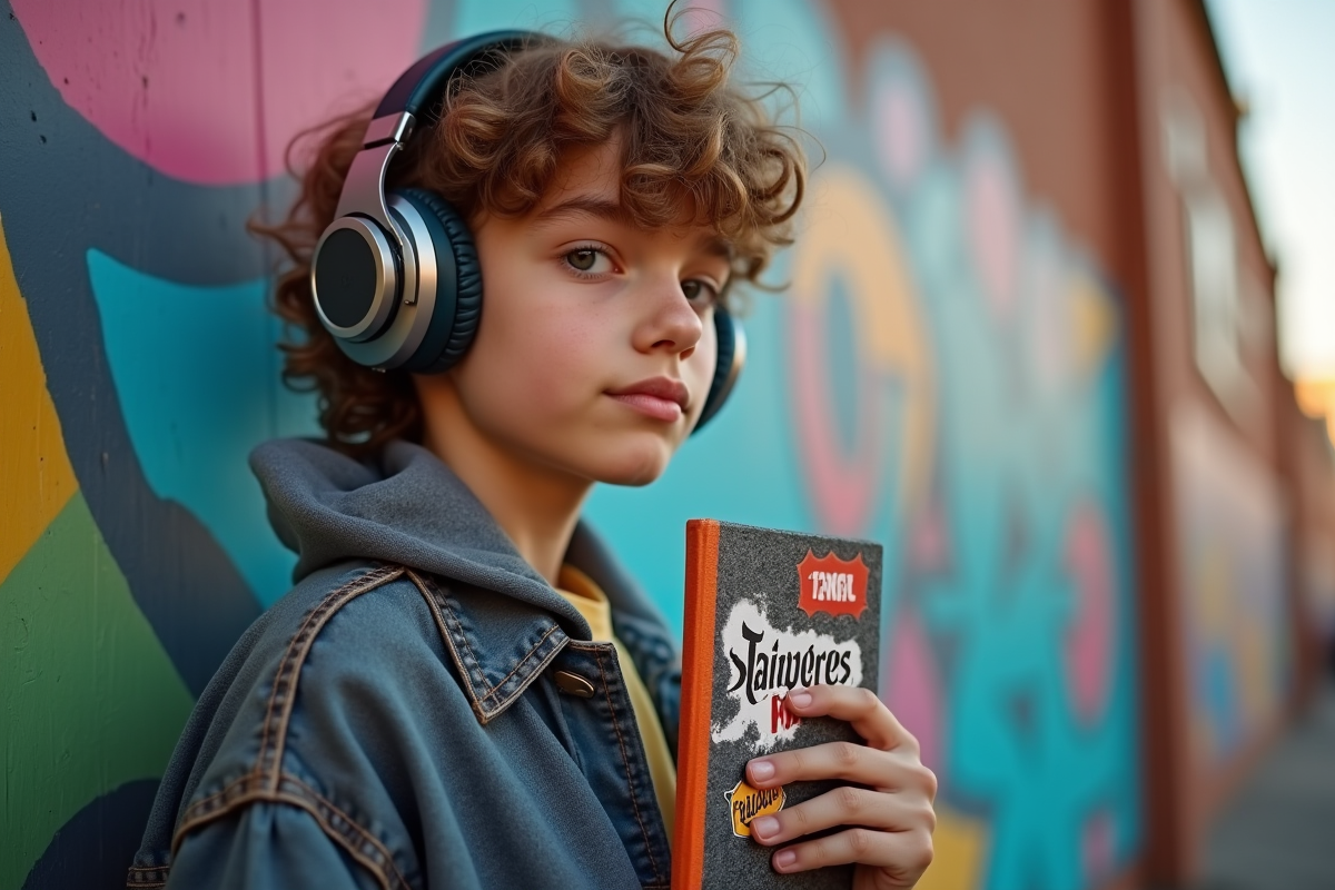 Adolescent avec casque et carnet devant mur coloré