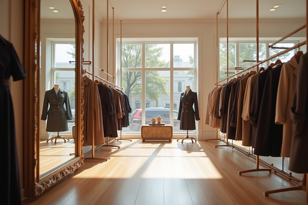 Intérieur boutique élégante avec vêtements de luxe et miroir