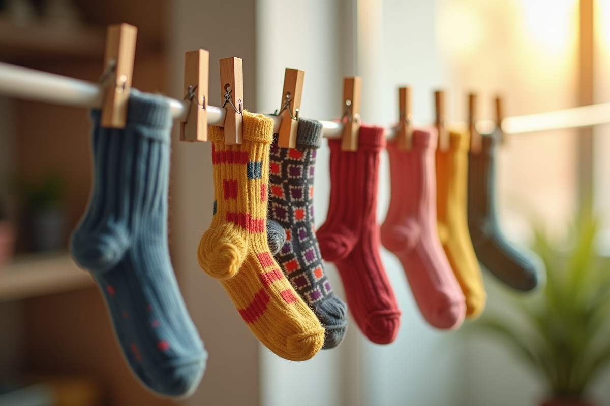 Chaussettes attachées avec des pinces sur un sèche-linge en intérieur lumineux