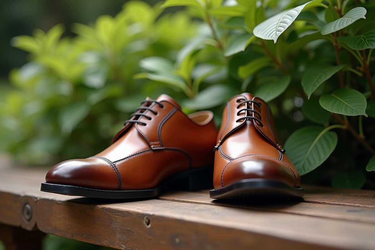 Chaussures en cuir brun élégantes sur un banc en bois en extérieur