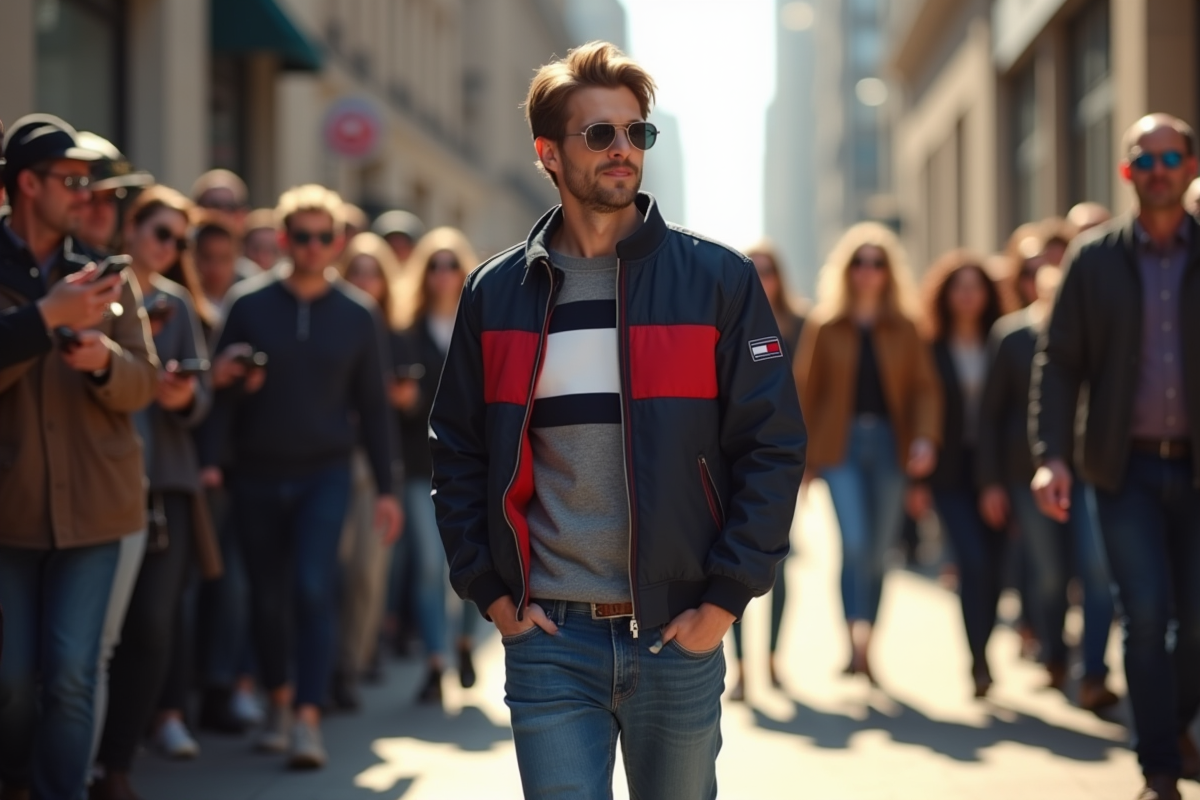 Célébrité marchant dans la rue en veste Tommy Hilfiger