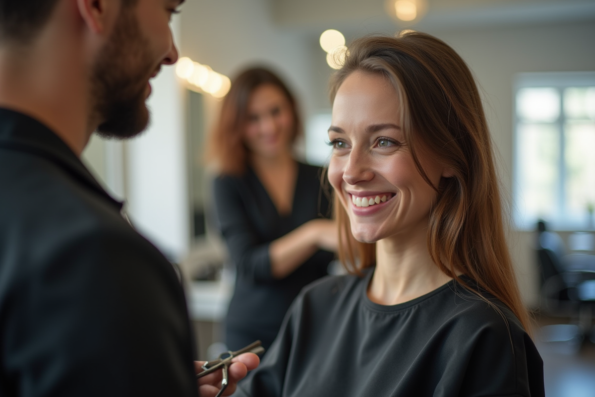 Client souriante consultant avec un coiffeur dans un salon lumineux