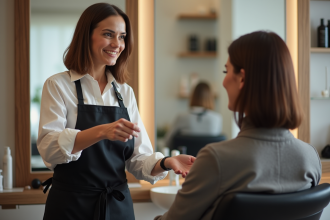 Femme coiffeuse professionnelle conseillant une cliente dans un salon moderne