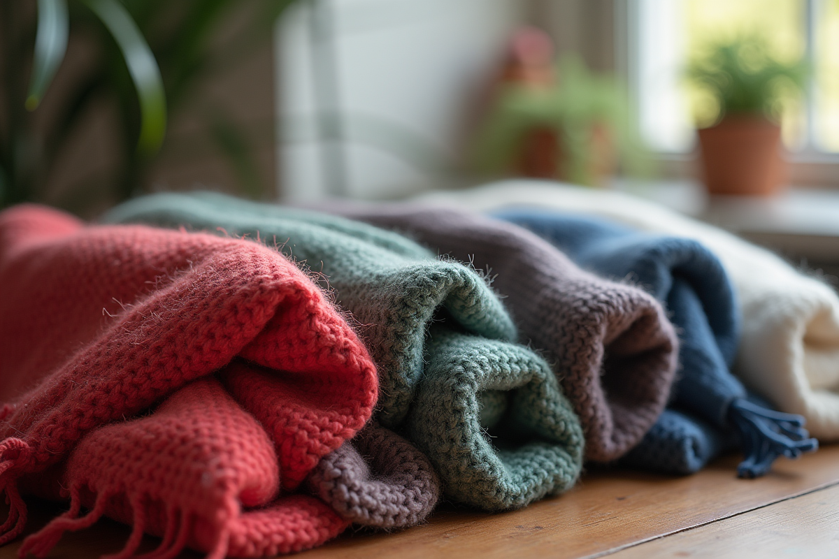 Collection d'écharpes en laine soie et coton sur une table