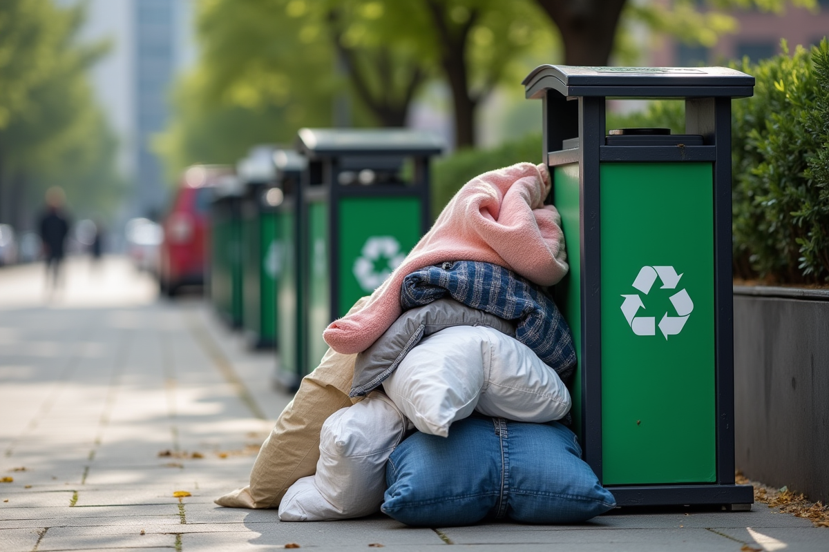 Conteneur de recyclage en ville avec sacs de vêtements usagés