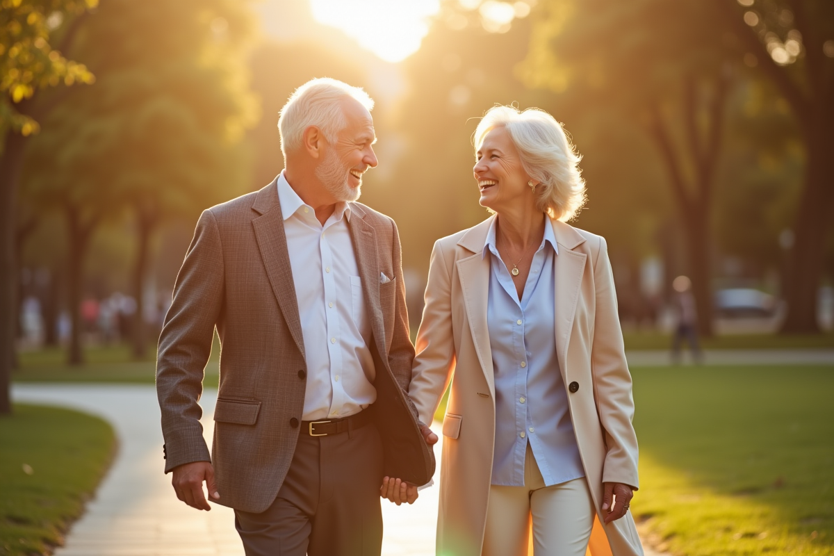 Couple senior souriant dans un parc ensoleille