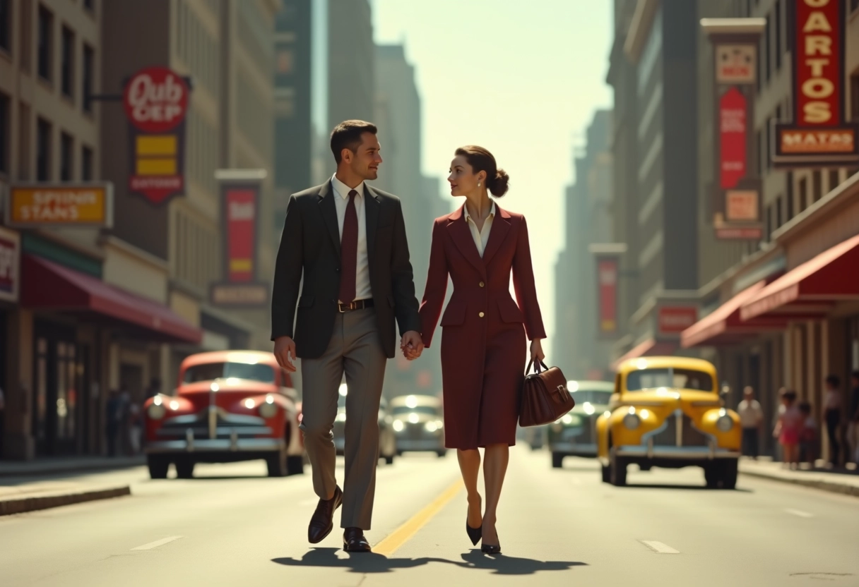 Couple élégant marchant dans une rue vintage des années 50
