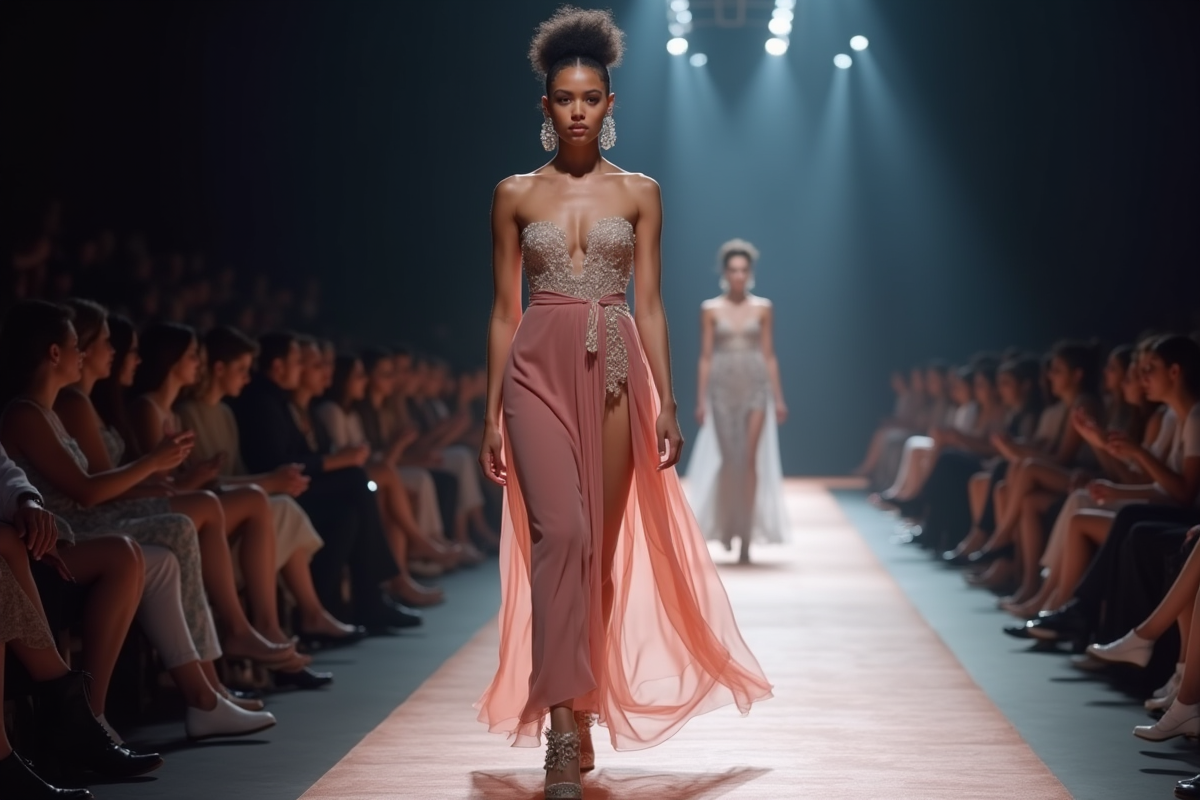 Mannequin en couture sur un runway sous lumières douces
