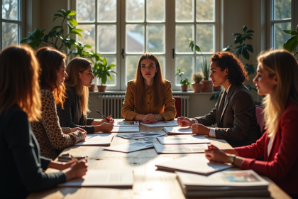 Groupe de modèles et créatifs discutant tendances mode