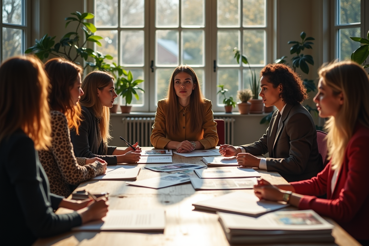 Groupe de modèles et créatifs discutant tendances mode
