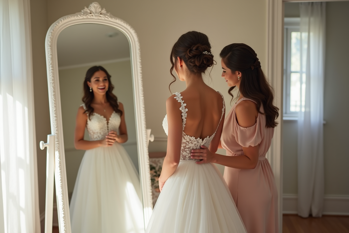 Fille en robe de mariée devant miroir avec sa famille à la maison