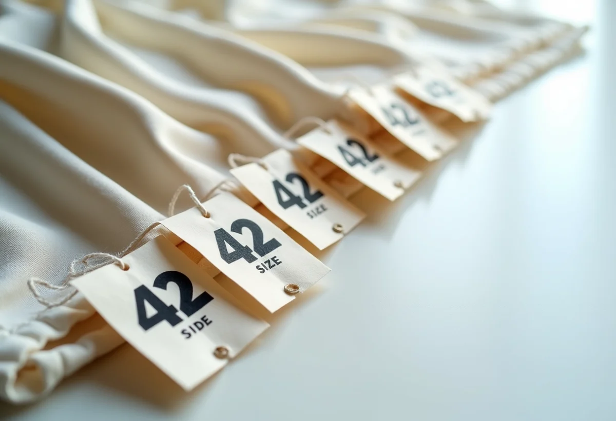 Rangée d'étiquettes de vêtements taille 42 sur fond blanc