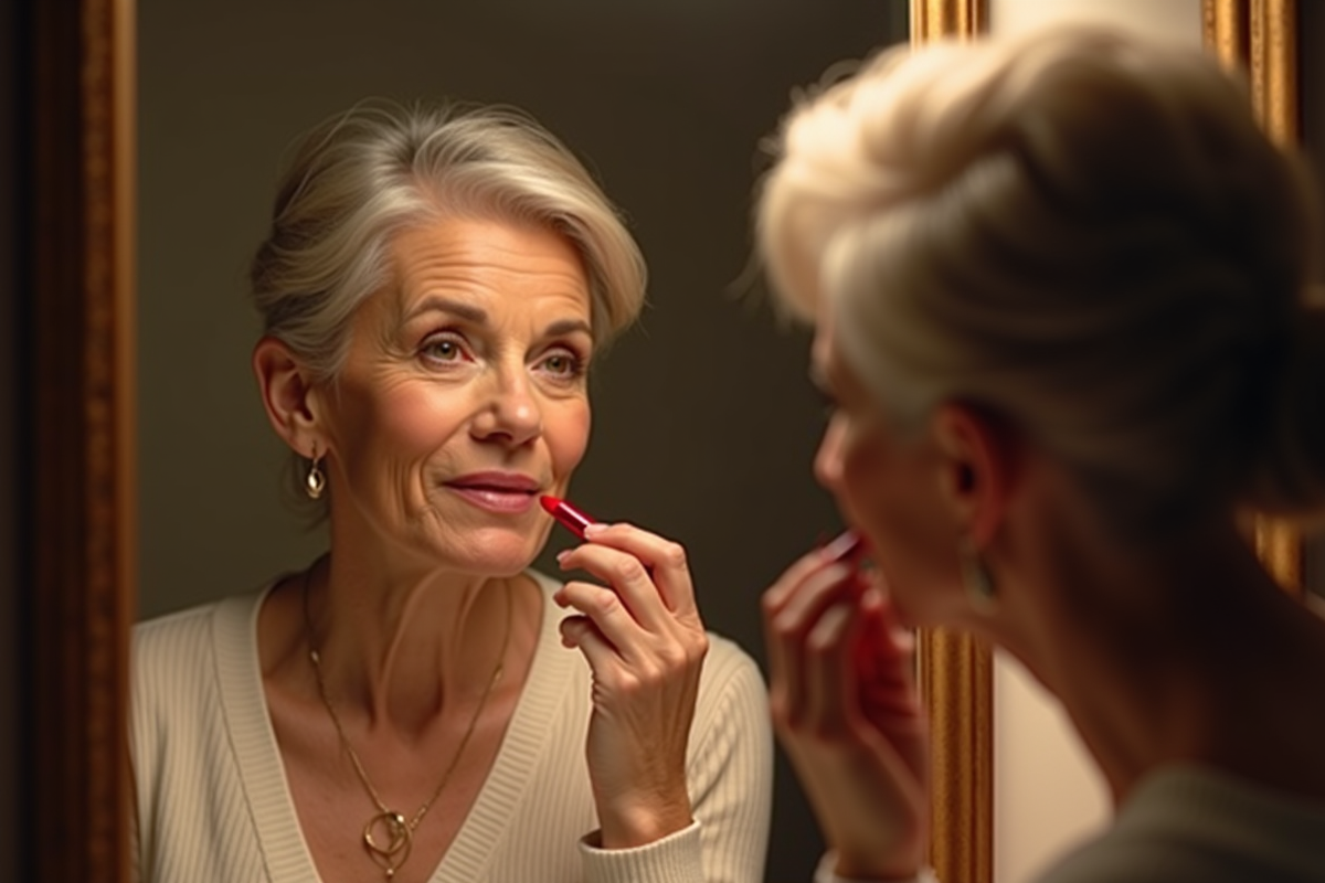 Femme de 60 ans se maquillant devant un miroir chaud