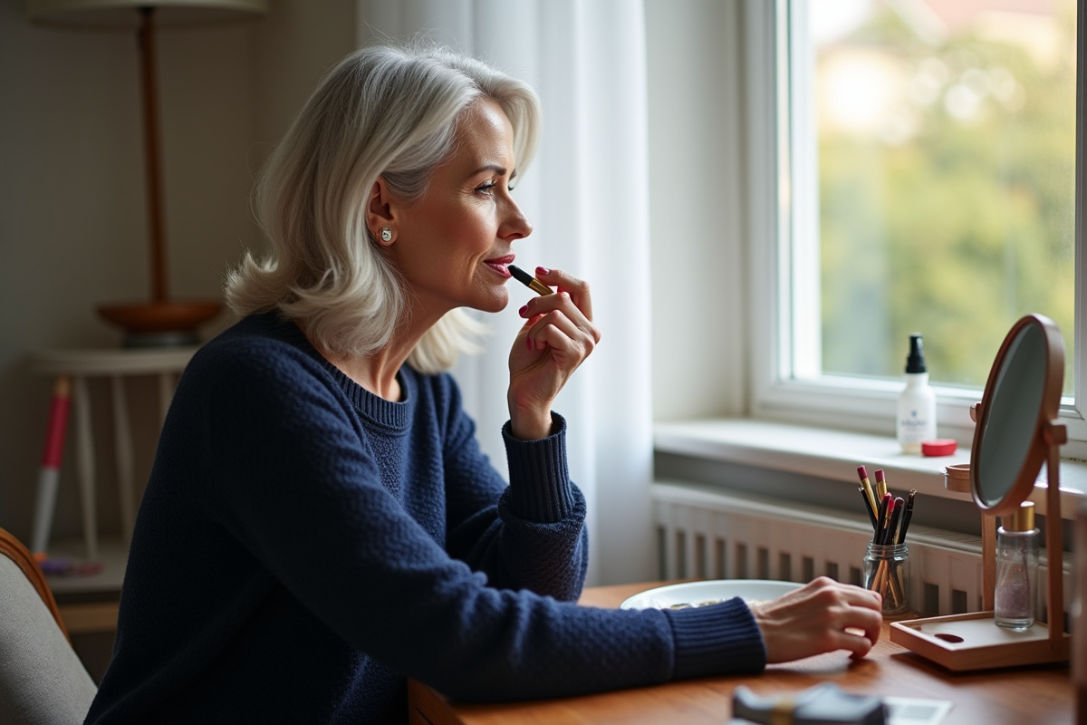 Femme appliquant du rouge à lèvres dans sa chambre à la maison