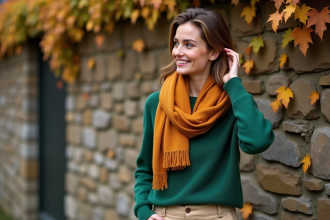 Femme élégante avec foulard ochre et pull vert en extérieur