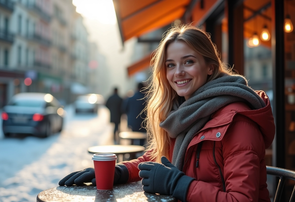 Personne assise au cafe en hiver souriant