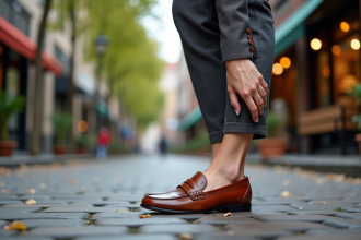 Femme ajustant des loafers en cuir marron en ville