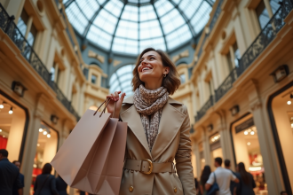 Femme élégante dans un trench beige devant Galeries Lafayette
