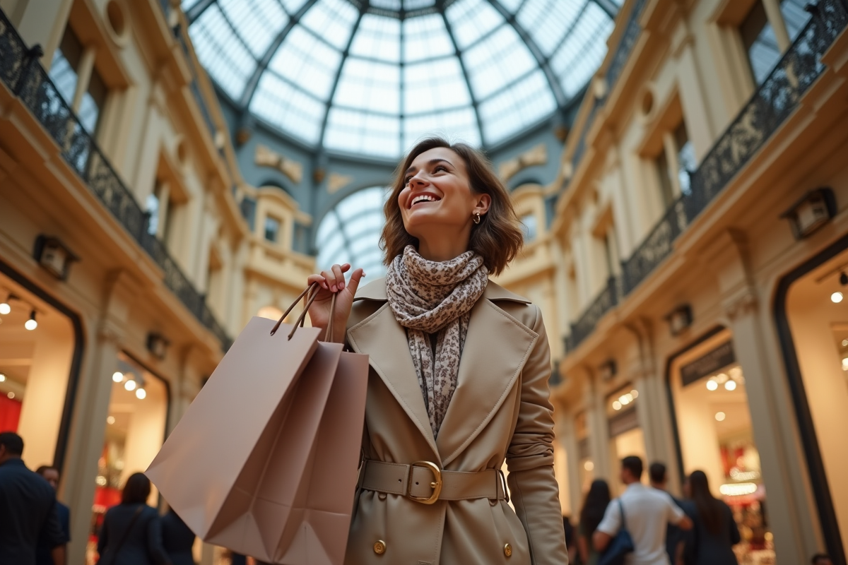 Femme élégante dans un trench beige devant Galeries Lafayette