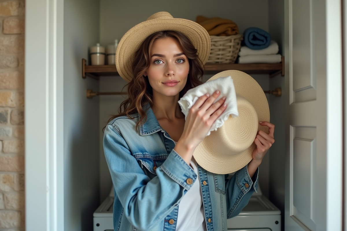 Jeune femme nettoyant un chapeau en paille dans la buanderie