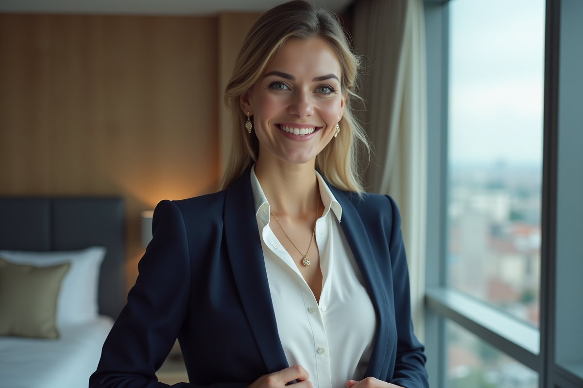 Femme élégante portant un collier en or dans un appartement moderne