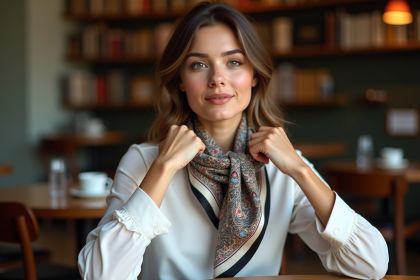Jeune femme élégante portant un foulard en soie avec un sourire naturel