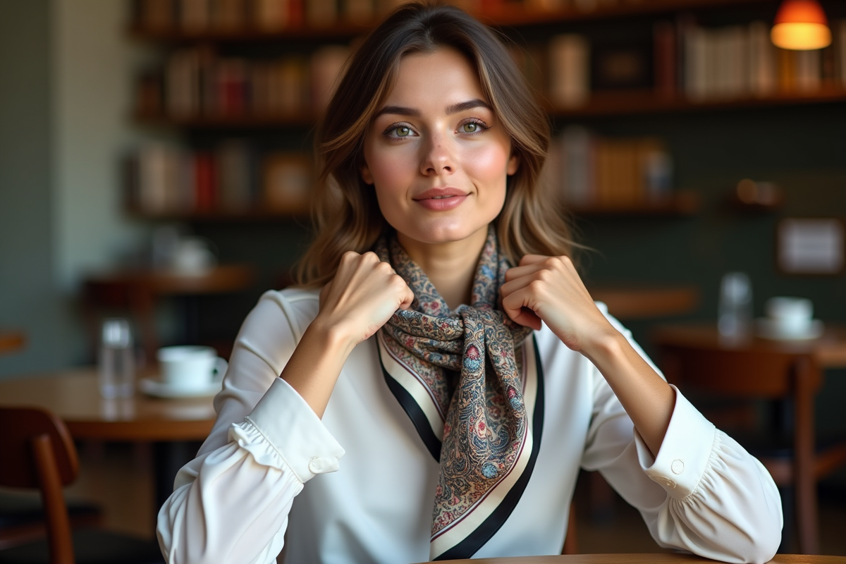 Jeune femme élégante portant un foulard en soie avec un sourire naturel