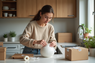 Jeune femme emballant un vase en céramique dans la cuisine