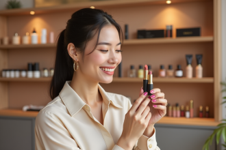 Femme testant différents rouges à lèvres en boutique de beauté