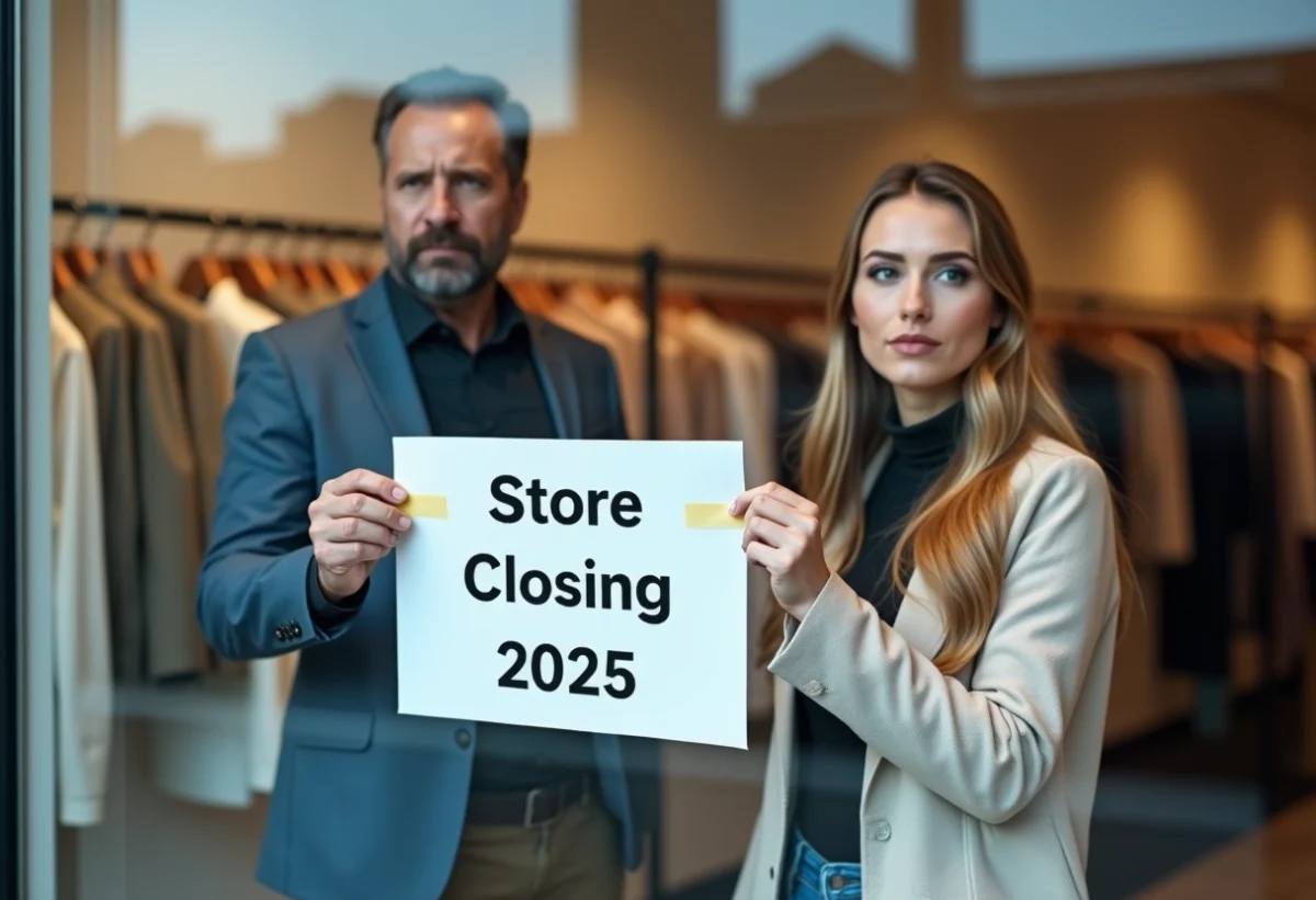 Couple regardant la vitrine d un magasin de vetements en fermeture