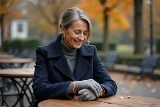 Femme en manteau laine essayant des gants en automne