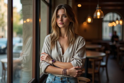 Femme élégante portant bracelets dans un café lumineux
