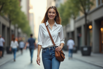 Femme élégante marche dans la ville avec sac en bandouliere
