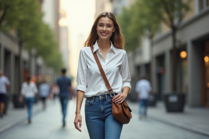 Femme élégante marche dans la ville avec sac en bandouliere