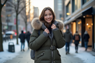 Femme élégante en manteau d hiver dans la ville