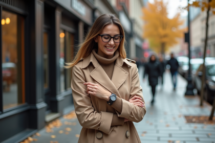 Femme élégante en trench marche dans la ville automnale