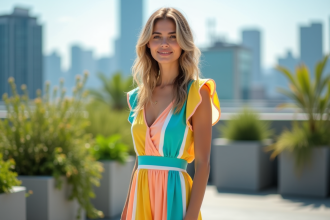 Femme élégante en robe colorée sur un toit urbain