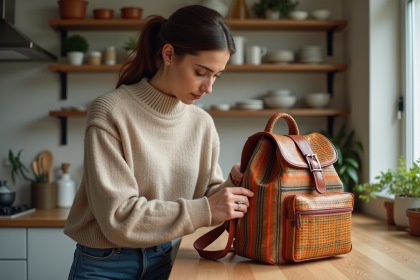 Femme examinant un sac à dos coloré dans une cuisine moderne