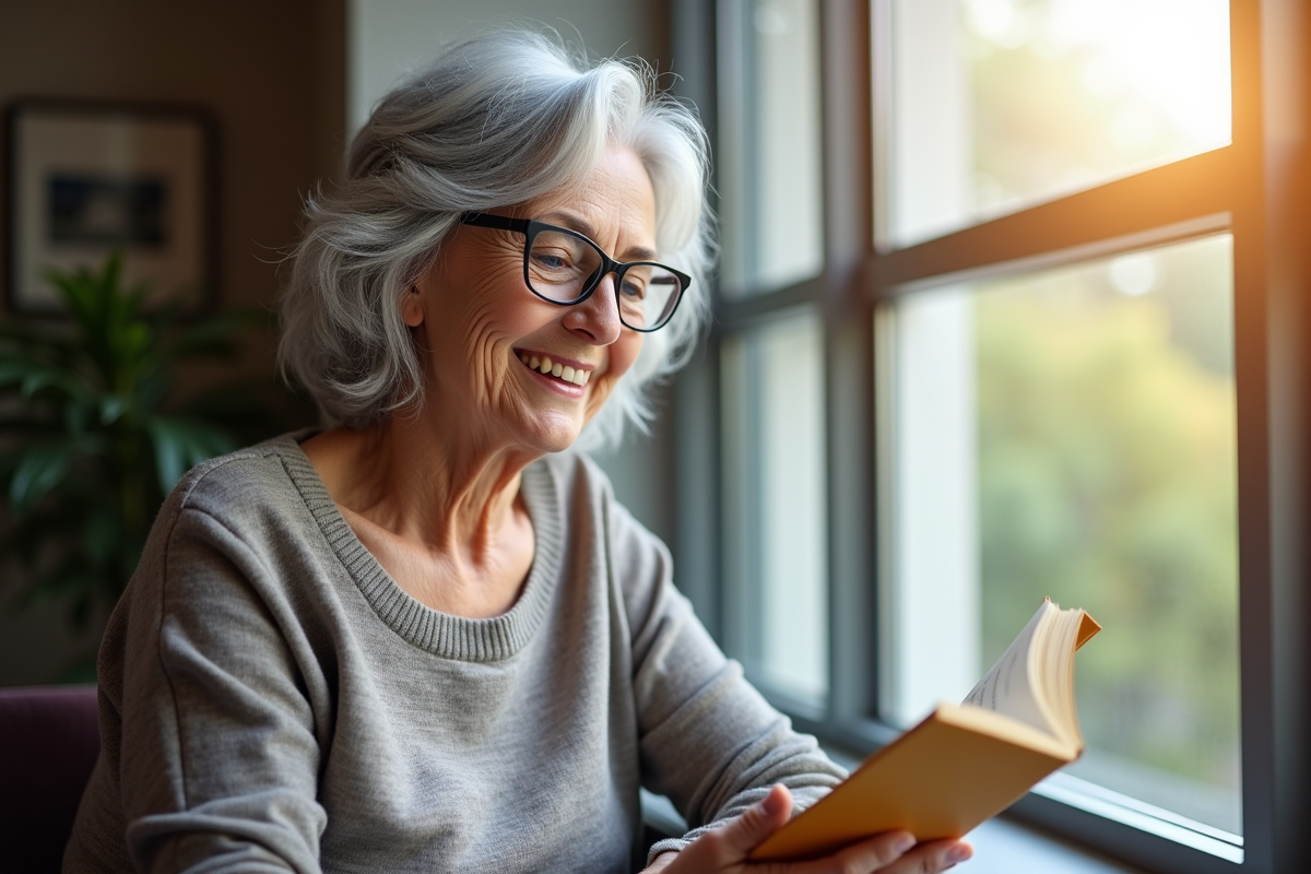 Femme senior souriante lisant un livre près d'une fenêtre