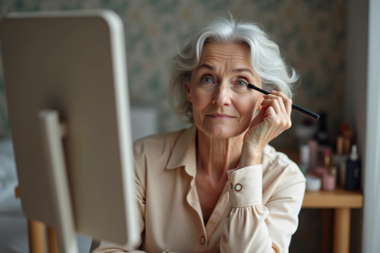 Femme senior appliquant du maquillage dans sa chambre