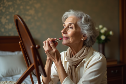 Femme senior appliquant rouge à lèvres dans sa chambre