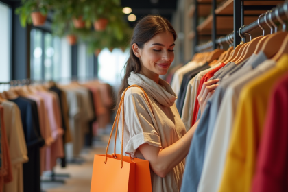 Femme élégante dans une boutique de mode lumineuse