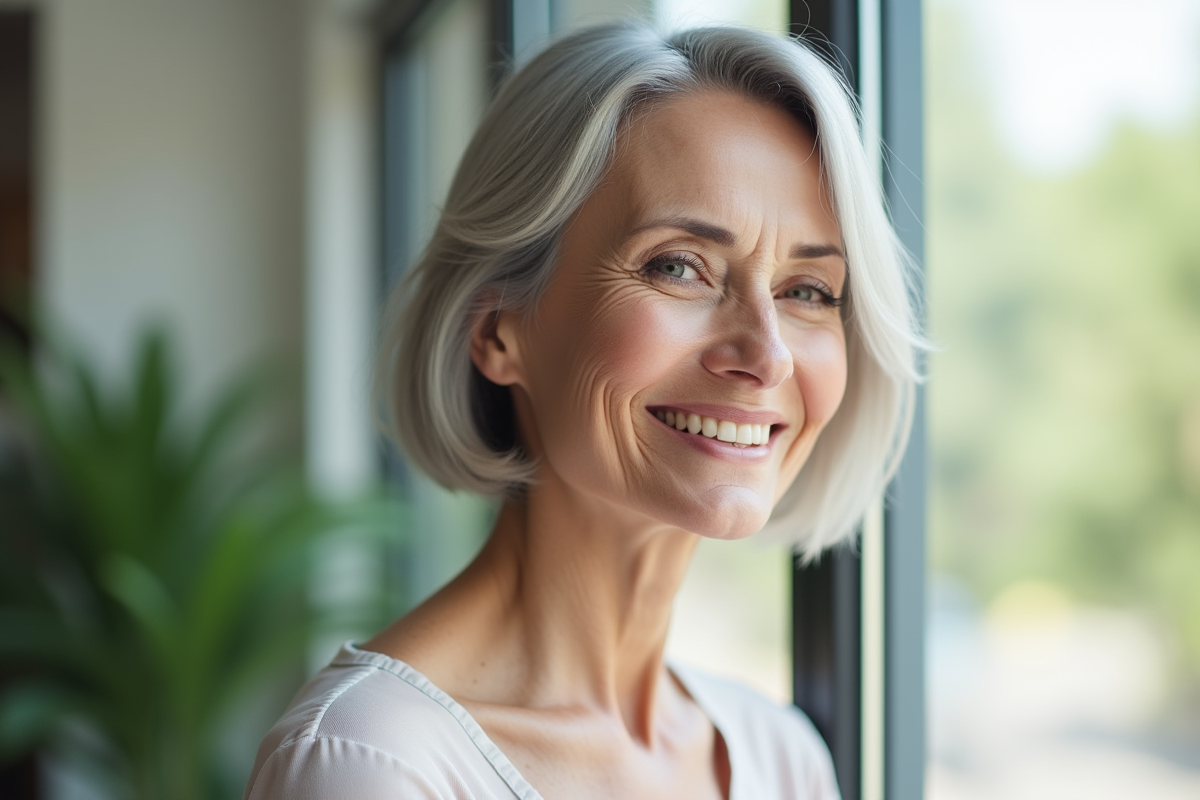 Femme souriante de 50 ans près d'une fenêtre en lumière naturelle