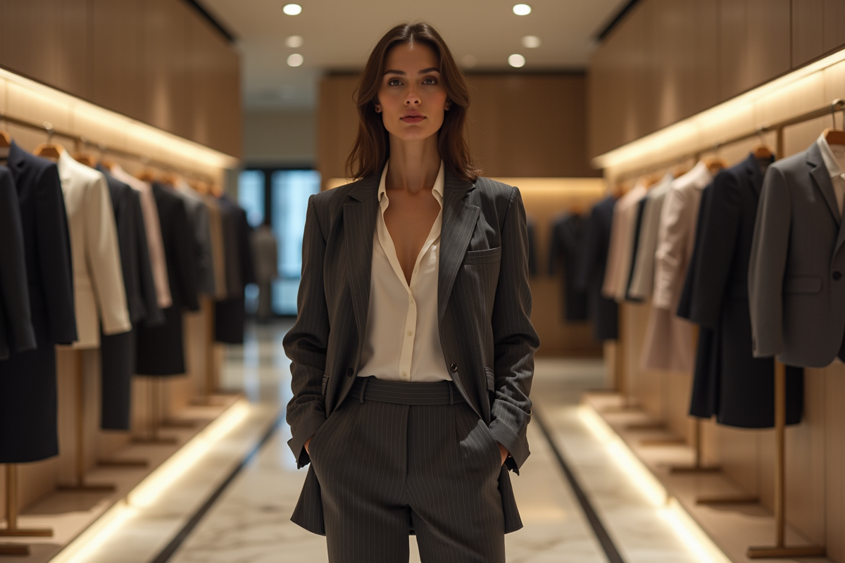 Femme élégante en costume dans une boutique de luxe