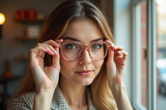 Femme essayant différentes lunettes dans une boutique lumineuse