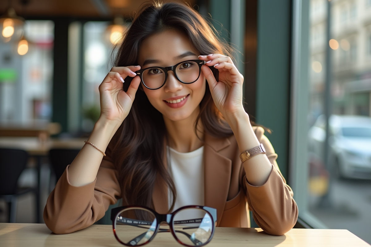Femme élégante essayant des lunettes au café avec lumière naturelle