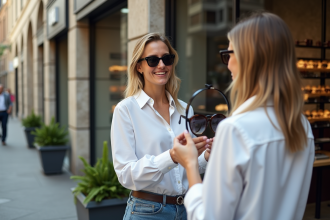 Femme en ville essayant des lunettes de soleil modernes