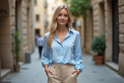 Jeune femme blonde souriante en ville avec tenue pastel