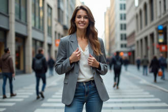 Femme confiante en ville ajustant blazer et jeans